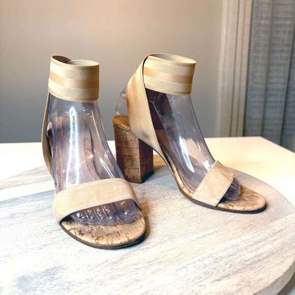 Gianvito Rossi Suede Cork Sandals Elastic Ankle Strap Beige 38.5 US 8.5 Italy - Picture 1 of 13